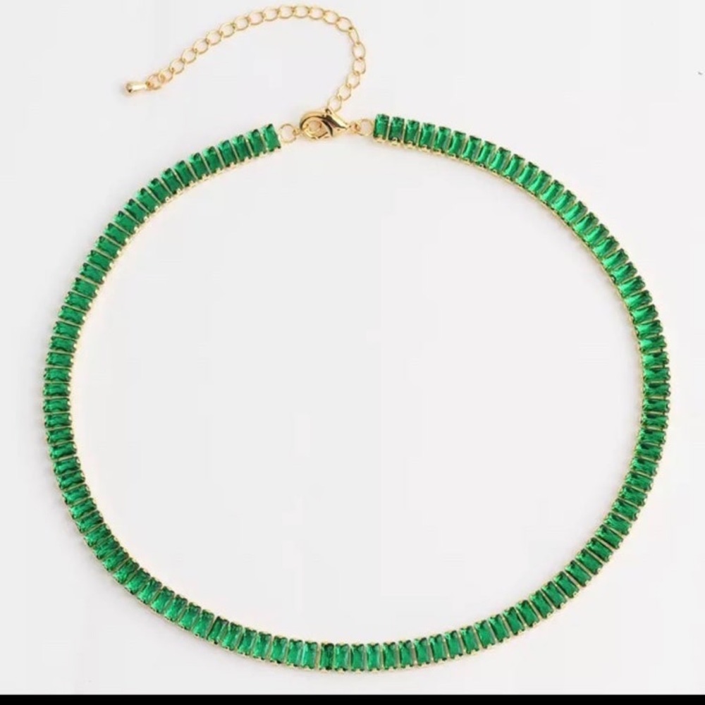 Gold plated emerald crystal necklace with baguette crystals